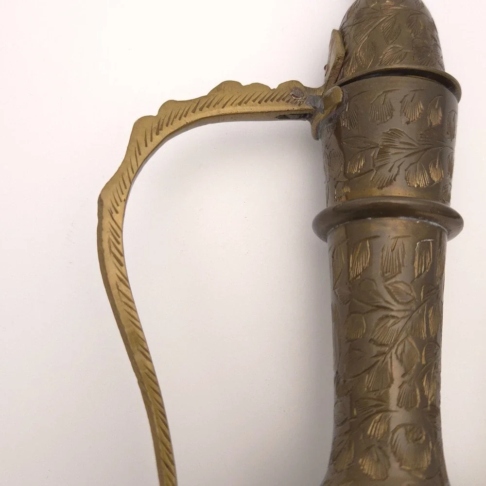 Beautiful Vintage 60s Aftaba Ewer Indian Brass Tea coffee Pot Signed Hand carved